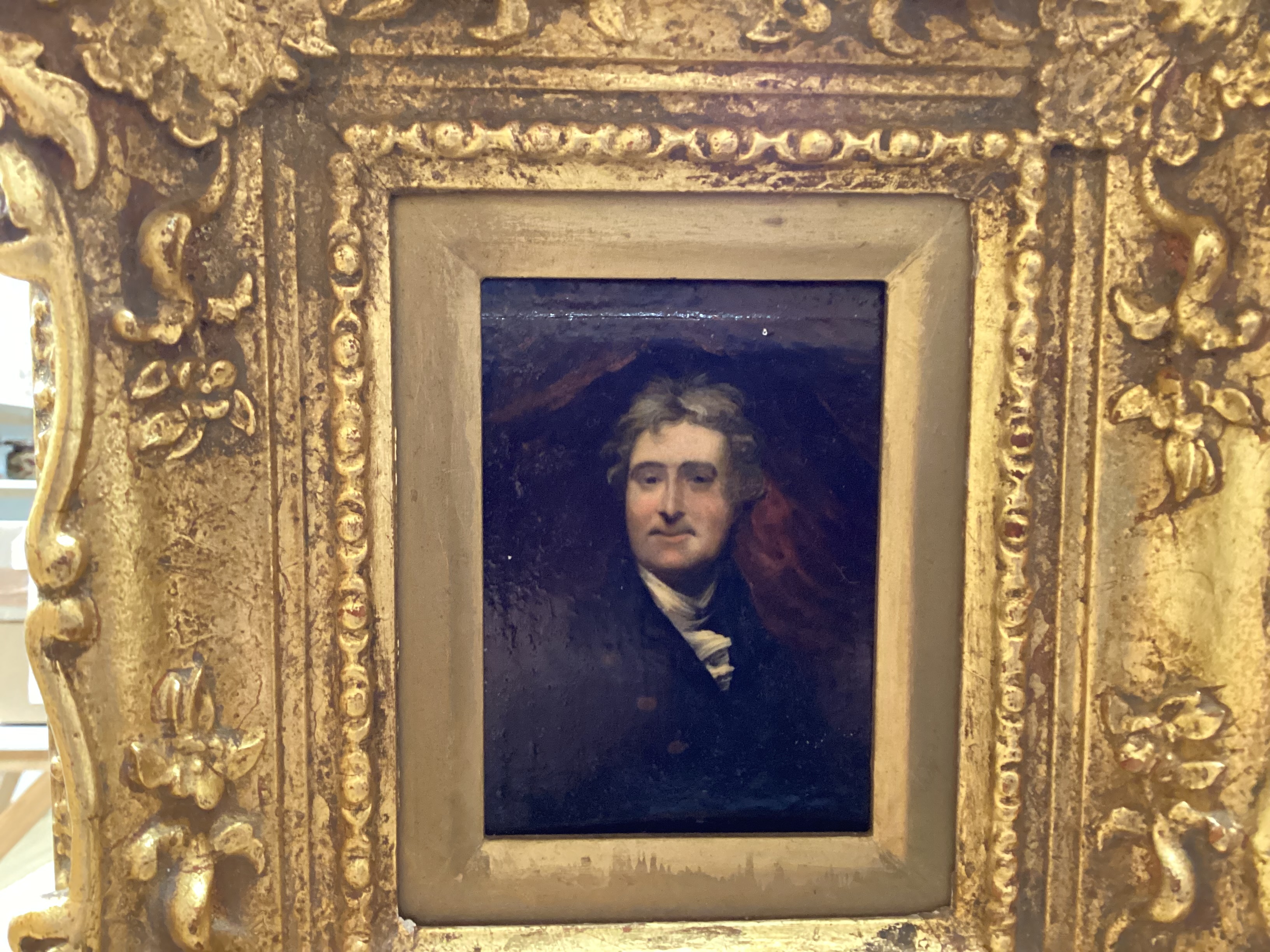 B. F. Scott (18th/19th. C), oil on board, Portrait of Sir David Erskine, 11th Earl of Buchan (1742-1829), inscribed Cider House Galleries label verso, 9 x 6cm, ornate gilt frame